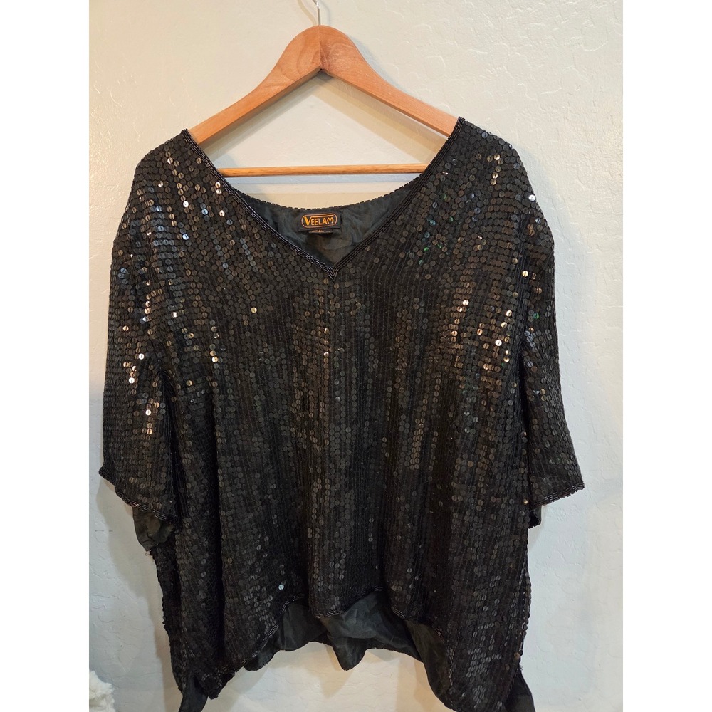 Vintage 90s Veelam Black Sequin Silk Top Short Sleeve V-Neck Blouse Plus Size 4X